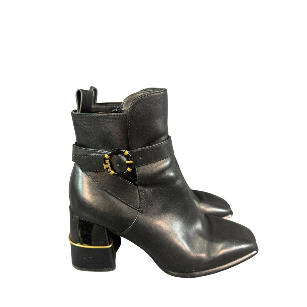 Tory Burch Black Leather Logo Buckle Square Toe Block Heel Ankle Boots 7.5M